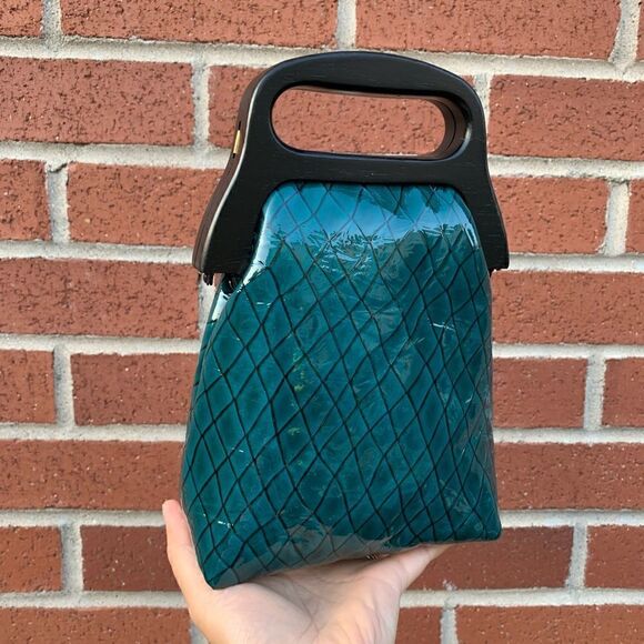 Handmade Genuine Patent Leather Check Print Wooden Frame Pouch/Crossbody - Picture 3 of 16